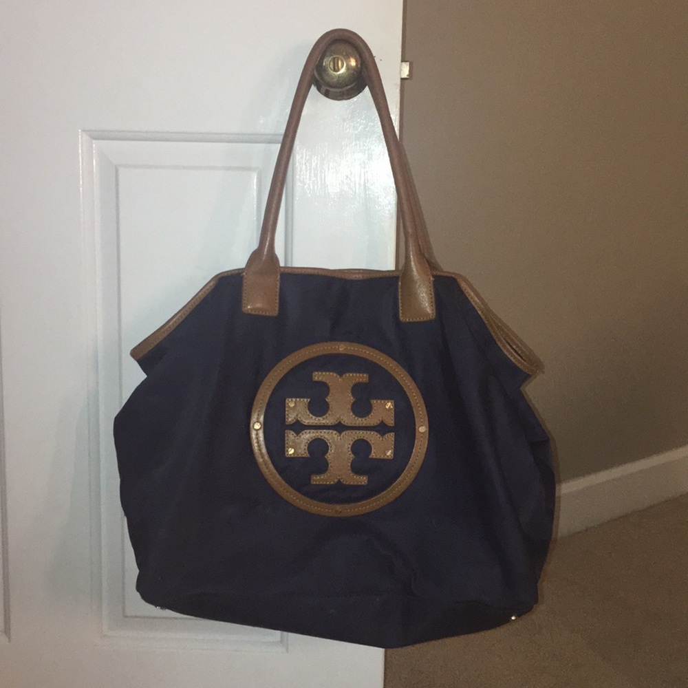 Navy blue and brown leather Tory Burch Tote
